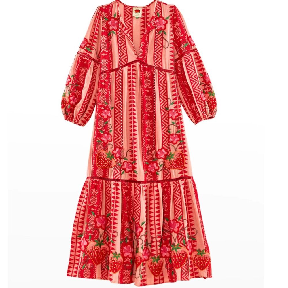 Farm Rio Pineapple Jacquard Split-Neck Maxi Dress